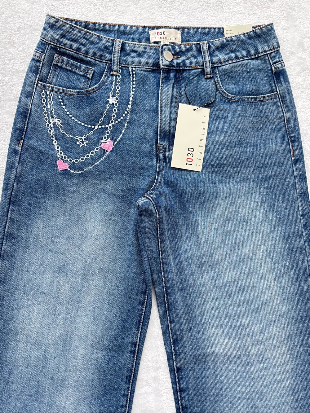 1030 TenThirty Mid Rise Relaxed Baggy Wide Leg Embroidered Blue Jeans--NWT--27 - Picture 6 of 16